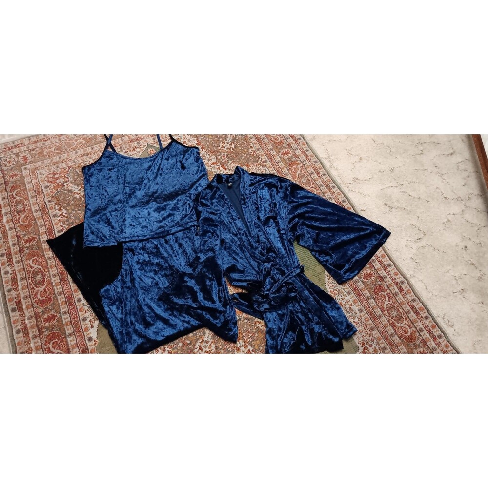 Vintage Y2K Blue Crushed Velvet 3 Piece Pajama Lounge Set Size XL Big & Tall